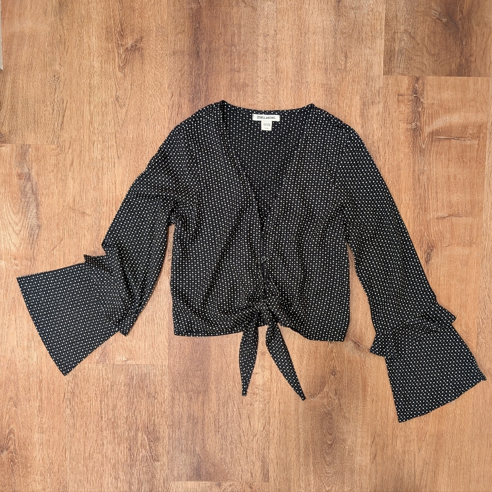 Billabong Boho Polka Dot Tie Front Crop Blouse w/ Bell Sleeves NWT Size M